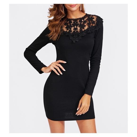 Black Lace Neckline Long Sleeve Bodycon Dress - Picture 2 of 5